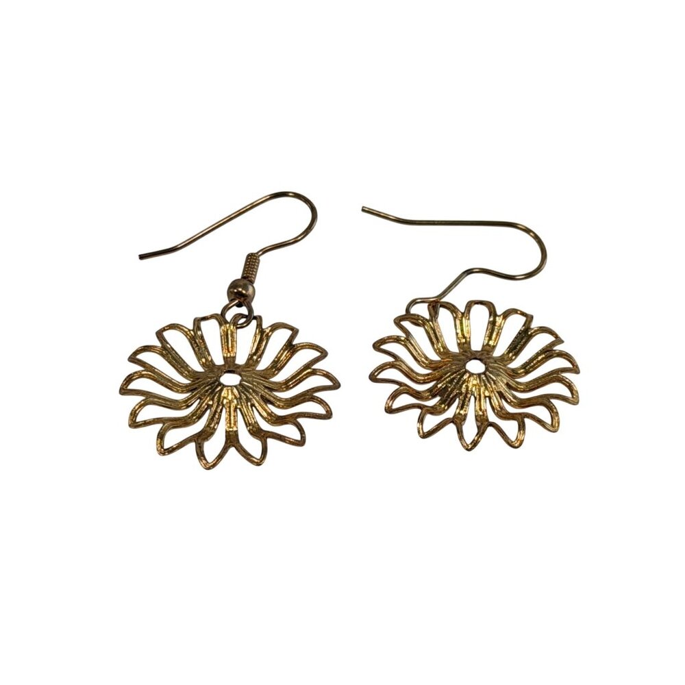 Vintage Gold Tone Sunburst SunFlower Necklace & Earring Set Filigree Statement - Picture 2 of 6